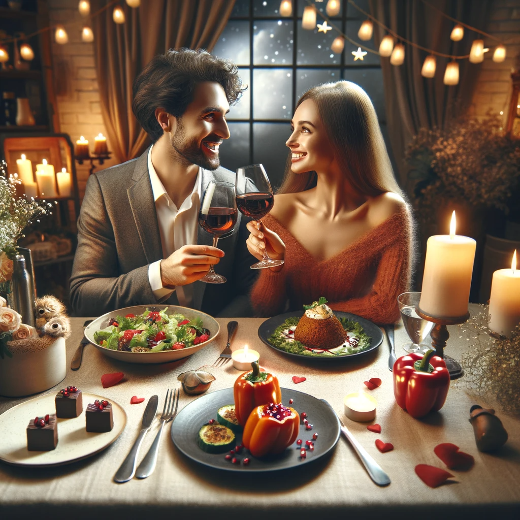 A romantic scene depicting a vegan couple, a man and a woman, enjoying a Valentine's Day dinner. The table is elegantly set with candles, a bouquet of