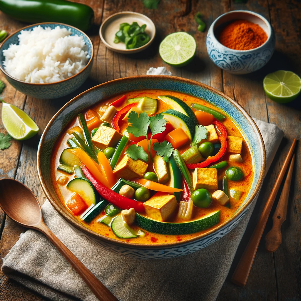A vibrant and colorful vegan Thai curry served in an elegant bowl. The curry is rich and creamy, featuring a variety of vegetables like bell peppers,