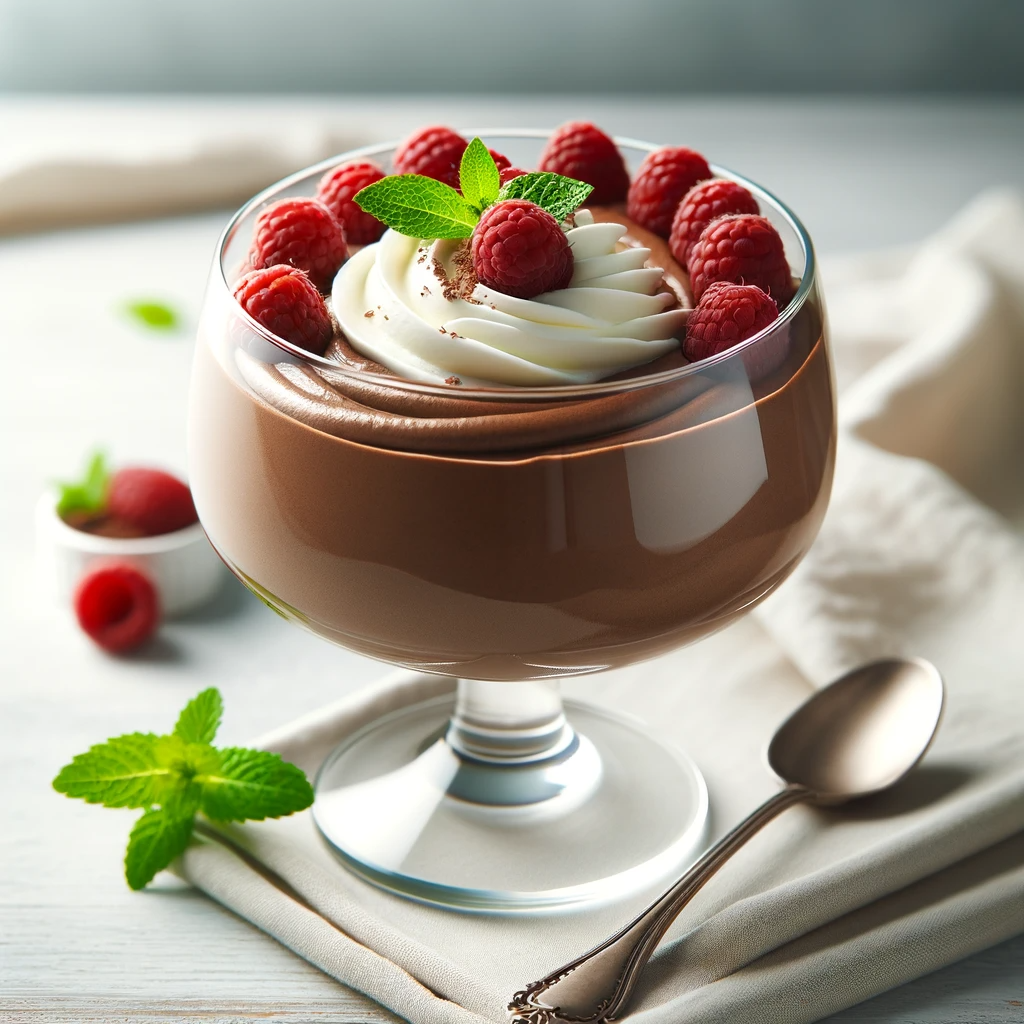 An image of a vegan Chocolate Avocado Mousse presented elegantly in a clear glass dessert bowl. The mousse is smooth and creamy, with a rich chocolate
